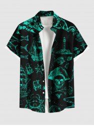Plus Size Pirate Ship Rudder Fish Cruise Film Style Print Buttons Pocket Hawaii Shirt For Men -  