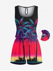Plus Size Coconut Tree Ombre Colorblock Print Cinched Hawaii Romper -  