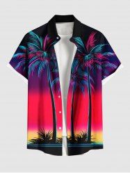 Plus Size Coconut Tree Ombre Colorblock Print Buttons Pocket Hawaii Shirt For Men -  
