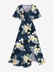 Plus Size Hibiscus Flowers Tropical Leaf Print Split Hawaii Midi Dress -  