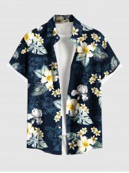 Plus Size Hibiscus Flowers Tropical Leaf Print Buttons Pocket Hawaii Shirt For Men -  