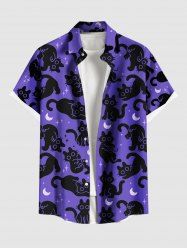 Chemise à boutons et poche pour homme, grande taille, imprimé chats, étoiles et lune - Pourpre  6XL
