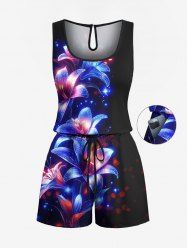 Plus Size Flowers Star Glitter 3D Print Cinched Hawaii Romper -  
