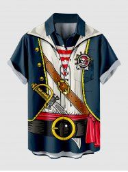 Chemise hawaïenne grande taille pour homme, imprimée avec un motif de crâne, un gouvernail et un couteau de pirate, avec poches et boutons. - Bleu de Minuit XL