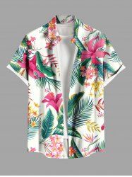 Plus Size Tropical Flowers Leaf Print Buttons Pocket Hawaii Shirt For Men -  