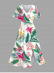 Plus Size Tropical Flowers Leaf Print Split Hawaii Midi Dress -  