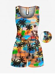 Plus Size Coconut Tree Cloud Colorful Sky Print Cinched Hawaii Romper -  