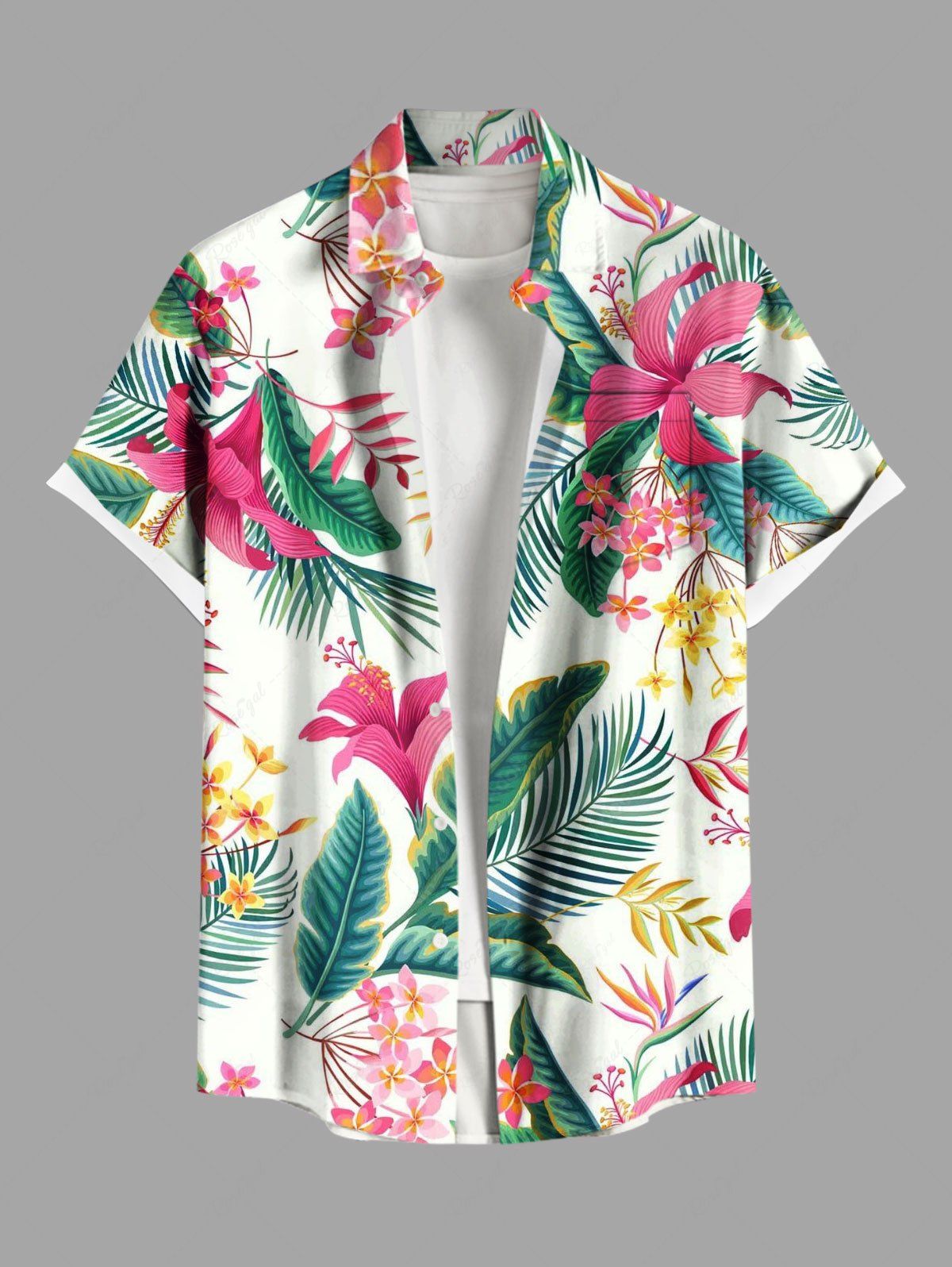 Unique Plus Size Tropical Flowers Leaf Print Buttons Pocket Hawaii Shirt For Men  