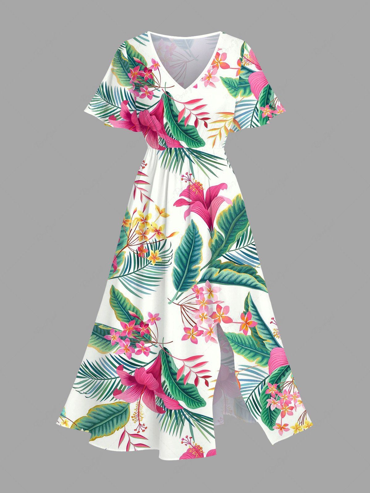 Robe midi hawaïenne fendue à imprimé de fleurs tropicales et de feuilles, grande taille Blanc 4X