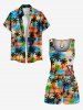 Plus Size Coconut Tree Cloud Colorful Sky Print Cinched Hawaii Romper -  