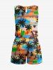 Plus Size Coconut Tree Cloud Colorful Sky Print Cinched Hawaii Romper -  