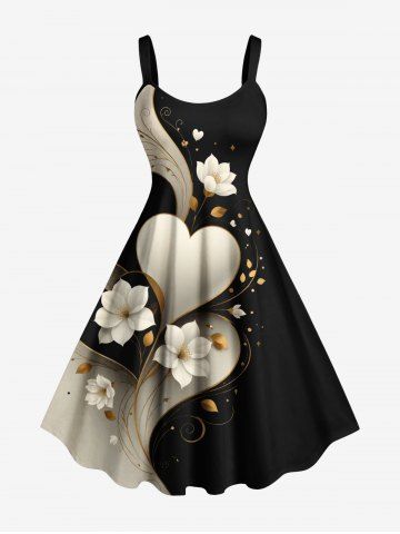 Robe trapèze grande taille à imprimé floral et cœur pour la Saint-Valentin - BLACK - S