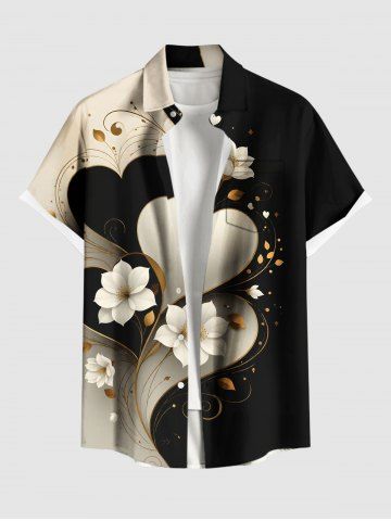 Chemise grande taille à imprimé floral et cœur pour la Saint-Valentin avec poche boutonnée pour homme - BLACK - 3XL