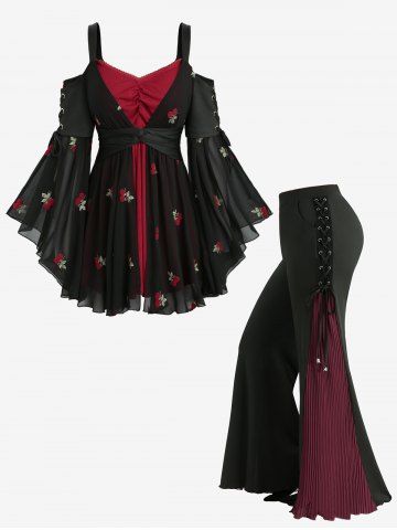 Ensemble grande taille composé d&#39;un haut à manches évasées à lacets et broderie cerise et d&#39;un pantalon évasé à empiècements plissés. - BLACK