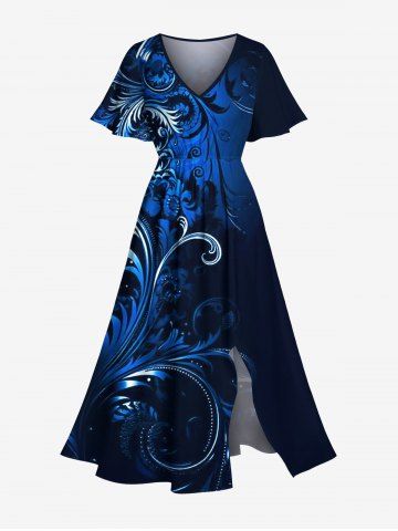 Robe mi-longue hawaïenne fendue à imprimé floral et feuilles grande taille - NAVY BLUE - S