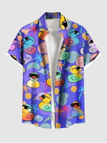 Plus Size Ducks Coconut Tree Shell Print Buttons Pocket Hawaii Shirt For Men - PURPLE - 3XL