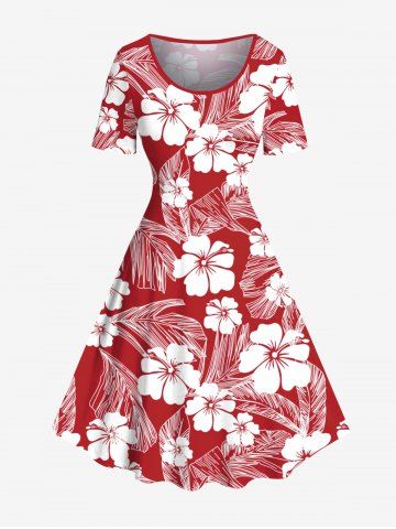 Plus Size Hibiscus Flowers Tropical Leaf Print Hawaii Vintage Dress - RED - 6X