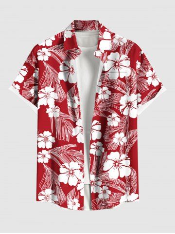 Plus Size Hibiscus Flowers Tropical Leaf Print Buttons Pocket Hawaii Shirt For Men - RED - 4XL