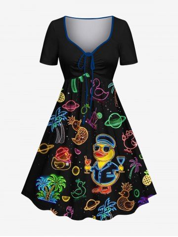 Robe hawaïenne grande taille à imprimé canards, cocotiers, pastèques et ananas. - BLACK - XS