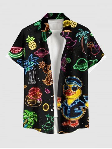 Plus Size Ducks Coconut Tree Watermelon Pineapple Planet Print Buttons Pocket Hawaii Shirt For Men - BLACK - 3XL