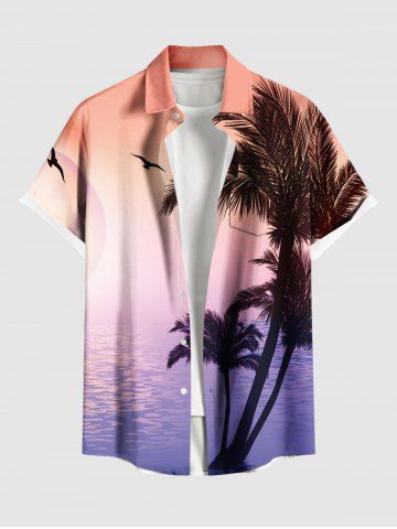 Chemise hawaïenne grande taille pour homme, imprimé ombré de cocotiers et de paysages marins, boutons et poche. - LIGHT PINK - 4XL