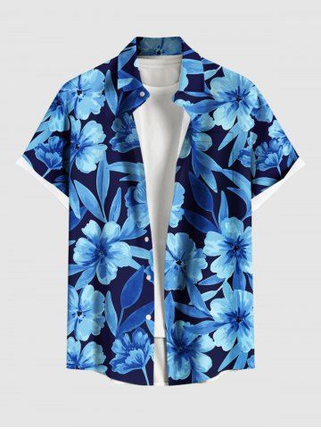 Chemise hawaïenne grande taille à imprimé floral et feuilles, boutons et poche pour homme - SKY BLUE - XL
