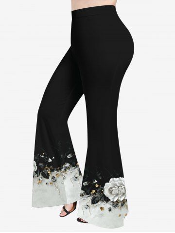 Pantalon évasé grande taille à imprimé rose et diamant colorblock - BLACK - 2X