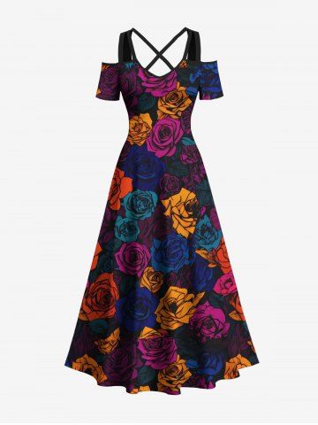 Robe longue à épaules dénudées et croisée, imprimée de roses colorées, grande taille, pour la Saint-Valentin - BLUE - 3X