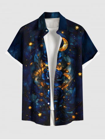 Plus Size Valentine's Day Rose Flower Galaxy Moon Print Buttons Pocket Shirt For Men - BLACK - 6XL