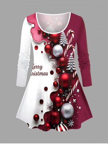 T-shirt à manches longues grande taille avec imprimé colorblock bonbon et boules de Noël - RED - 1X