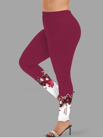 Plus Size Christmas Tree Ball Candy Colorblock Print Leggings - RED - XS