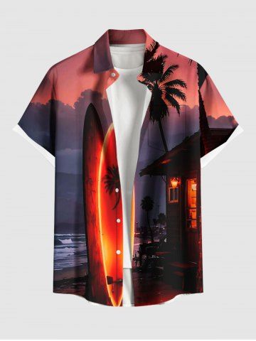 Plus Size Coconut Tree Glitter Sailboat House Sea Print Hawaii Button Pocket Shirt For Men - RED - 3XL