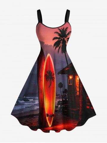 Plus Size Coconut Tree Glitter Sailboat House Sea Print Hawaii A Line Dress - RED - 3X