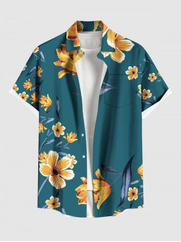 Chemise hawaïenne à imprimé floral, feuilles et branches, grande taille, avec poche boutonnée, pour hommes - GREEN - 6XL