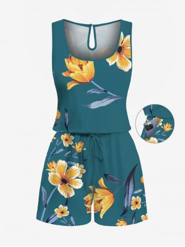 Plus Size Flower Leaf Branch Print Hawaii Drawstring Pocket Romper - GREEN - 5X
