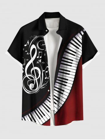 Chemise hawaïenne à poches boutons, imprimé de symboles musicaux de piano, grande taille, pour hommes - BLACK - 4XL