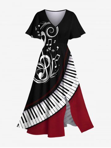 Jupe fendue hawaïenne à imprimé de symboles musicaux de piano grande taille - BLACK - L