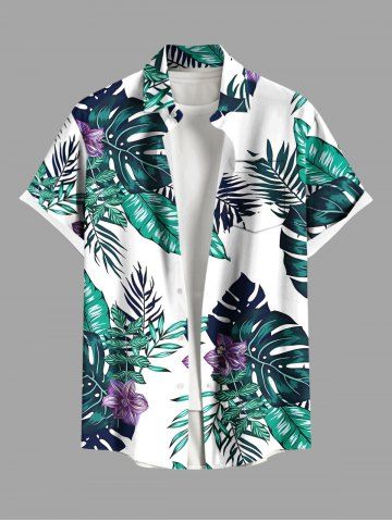 Plus Size Tropical Leaf Hibiscus Flower Print Hawaii Button Pocket Shirt For Men - WHITE - S