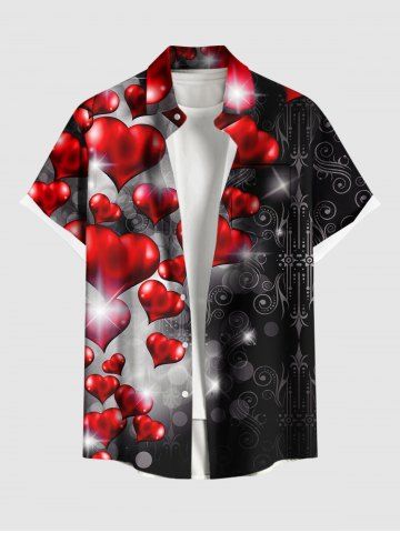 Plus Size Glitter Heart Balloon Print Valentines Button Pocket Shirt For Men - BLACK - XL