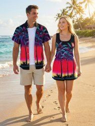 Ensemble hawaïen assorti chemise et barboteuse grande taille, tenue de plage à imprimé ombré cocotier pour couples - Noir 