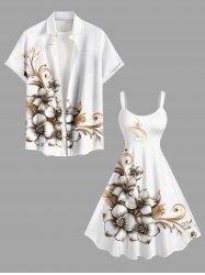 Flowers Leaf Print Plus Size Matching Hawaii Beach Outfit For Couples -  