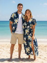 Hibiscus Flowers Tropical Leaf Print Plus Size Matching Hawaii Beach Outfit For Couples -  