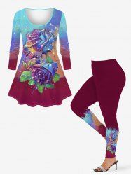 Ensemble assorti grande taille à imprimé rose ombré colorblock pour la Saint-Valentin - Rouge foncé 