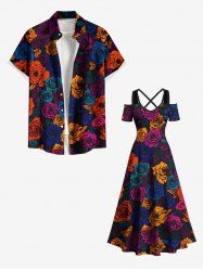 Valentine's Day Colorful Rose Flowers Print Plus Size Matching Outfit For Couples -  