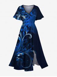 Robe mi-longue hawaïenne fendue à imprimé floral et feuilles grande taille - Bleu Marine 2X