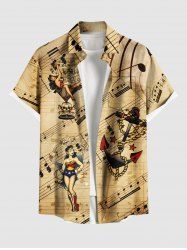 Plus Size Skull Anchor Musical Notes Lady Print Buttons Pocket Hawaii Shirt For Men -  