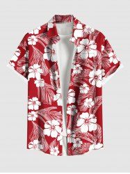 Chemise hawaïenne grande taille pour homme, à imprimé feuilles tropicales et fleurs d'hibiscus, boutons et poche. - Rouge XL