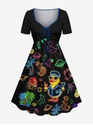 Plus Size Ducks Coconut Tree Watermelon Pineapple Planet Print Cinched Hawaii Dress -  