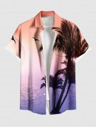 Plus Size Coconut Tree Seascape Ombre Print Buttons Pocket Hawaii Shirt For Men -  