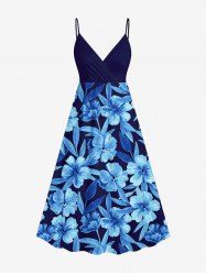 Robe à bretelles croisées à imprimé floral et feuilles grande taille, style hawaïen - Bleu profond S